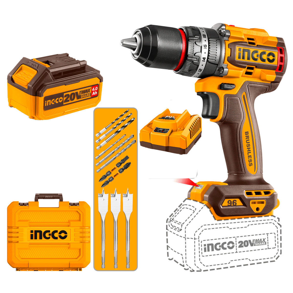 Taladro M1/2 20V INGCO UCIDLI20968 96Nm 2.0Ah + 2 Baterías + Cargador - MARKEMSTORE - Taladro