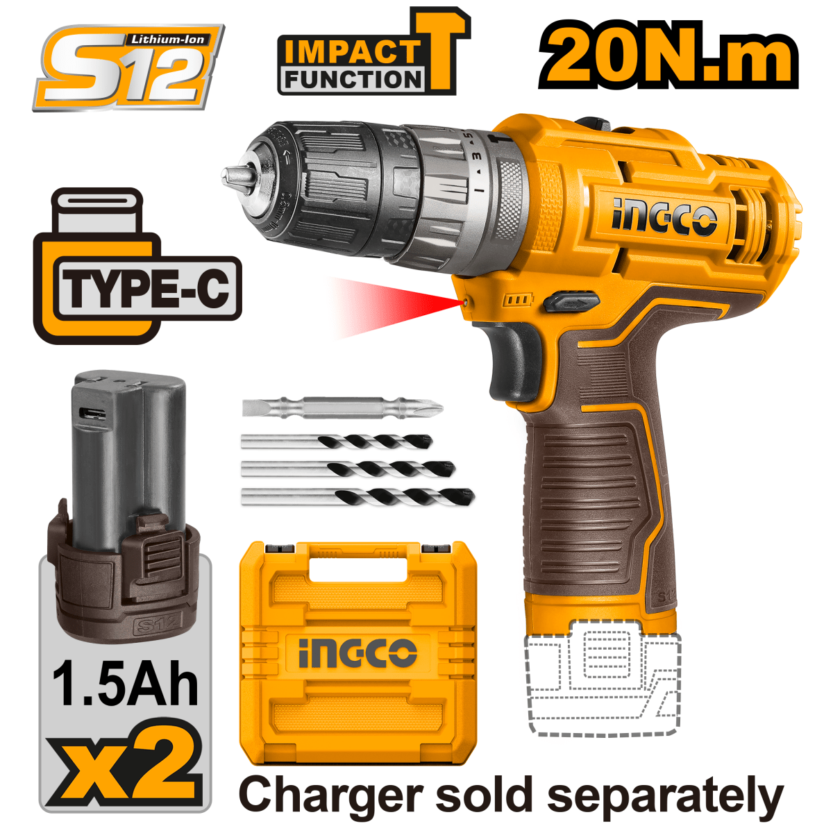 Taladro M3/8 12V 20Nm Impacto Con 2 Baterías INGCO CIDLI12202 - MARKEMSTORE - Taladro