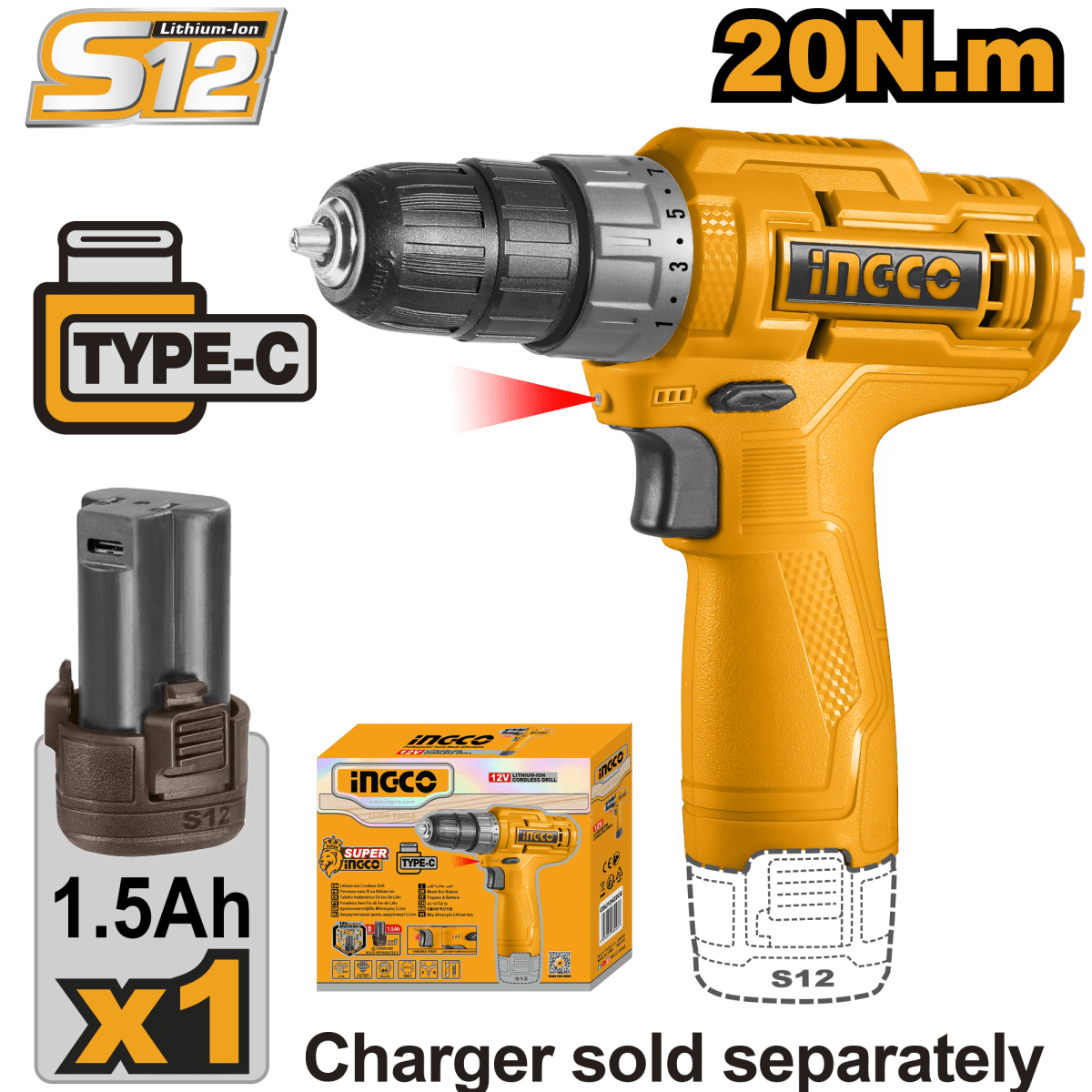 Taladro M3/8" 12V 20Nm Rotación con 1 Batería INGCO CDLI12428 - MARKEMSTORE - Taladro