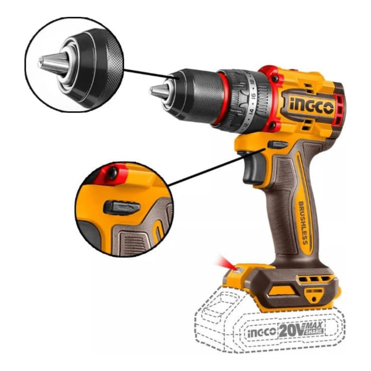 Taladros 20V M1/2 INGCO UCIDLI20558 55Nm con 2 Baterías y Cargador - MARKEMSTORE - Taladro