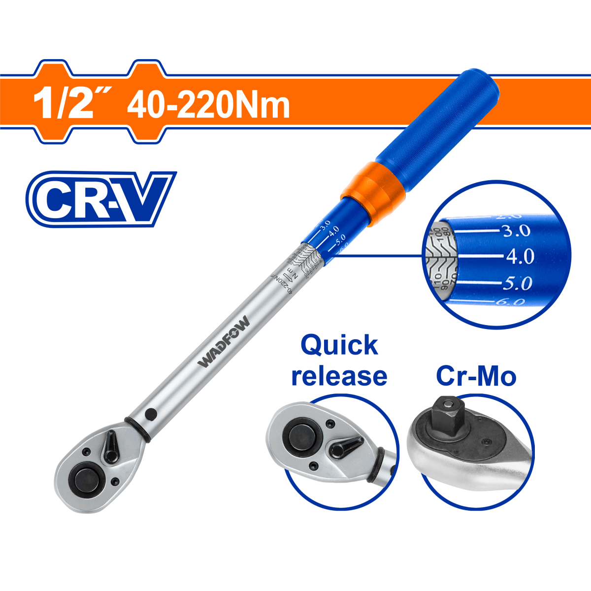 Torquimetro M1/2 430mm Rgo 40 - 220Nm Crv+Crmo WADFOW REF. WWQ1D12 - MARKEMSTORE -